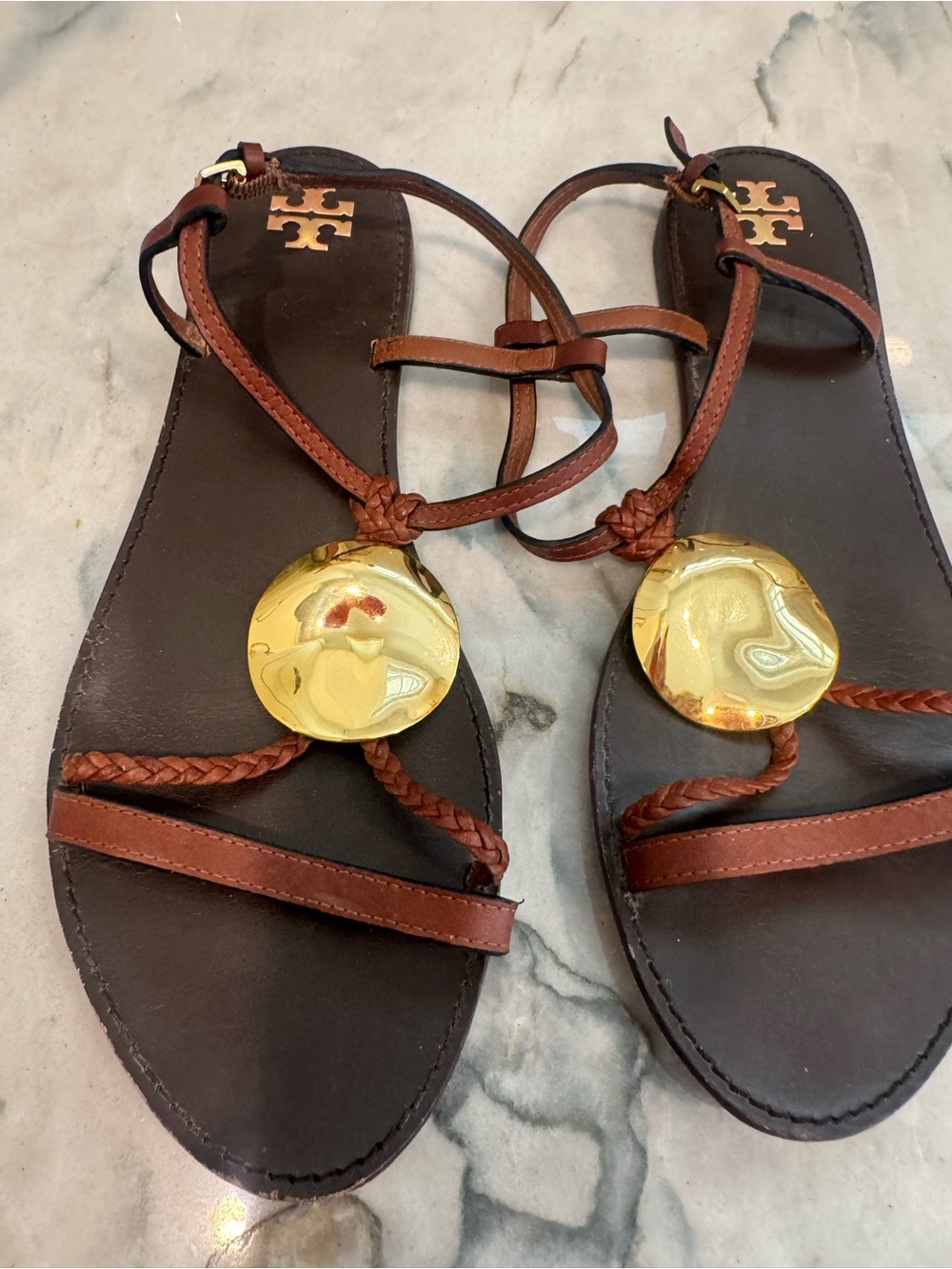 Tory Burch Patos Sandal  brown leather with gold medallion Sz 10 - Picture 6 of 6